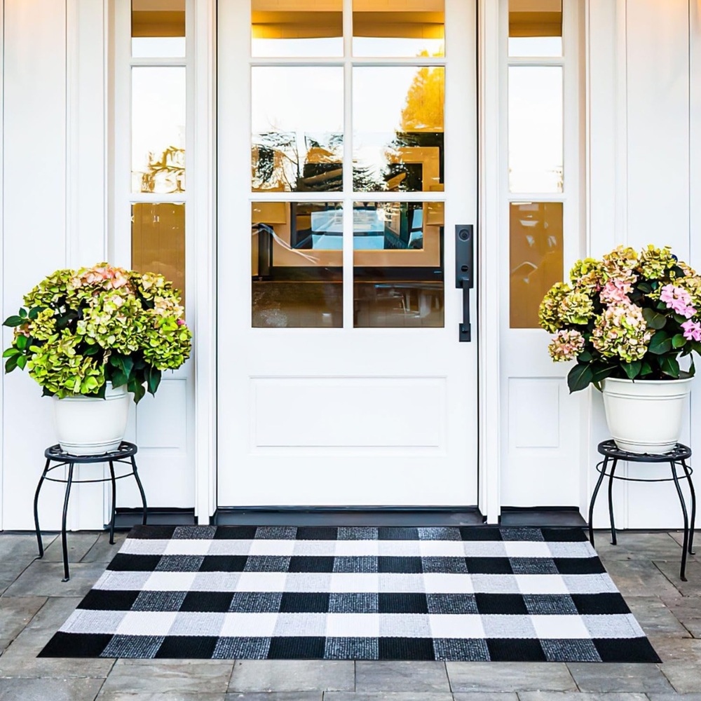 Plaid entry way rug hand woven under mat / rug farmhouse plaid